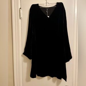 Eileen Fisher Black Velvet Silk Blend V Neck New W Tag Shift Dress Size Medium